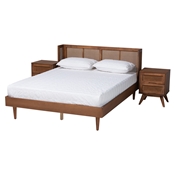 Baxton Studio Rina Mid-Century Modern Ash Walnut Finished Wood 3-Piece Full Size Bedroom Set with Synthetic Rattan